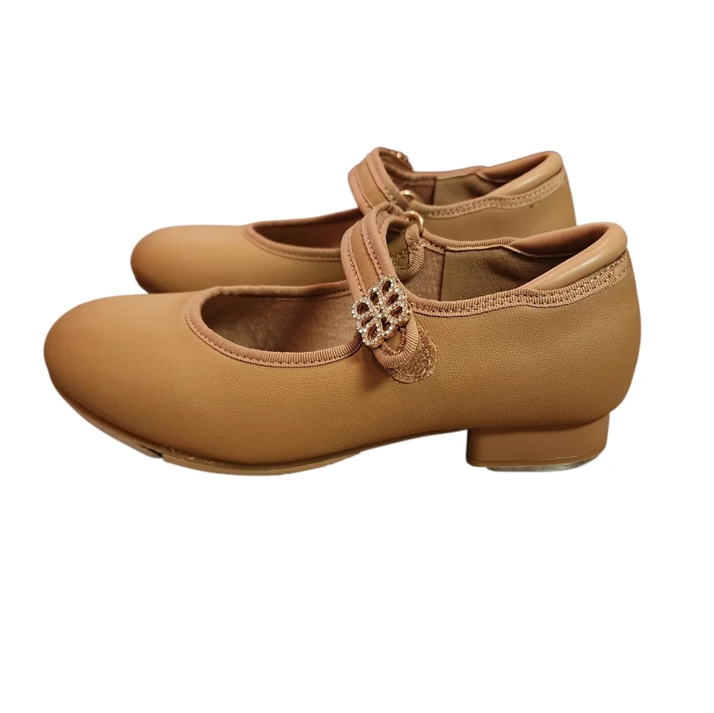 Stelle Tap Dance Shoes Girls 13ML Tan Faux Leather Rhinestones Adjustable Strap